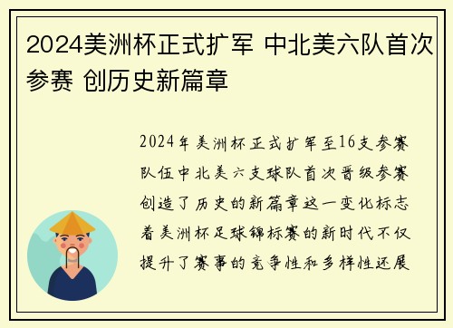 2024美洲杯正式扩军 中北美六队首次参赛 创历史新篇章 2024美洲杯正式扩军 中北美六队首次参赛 创历史新篇章